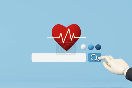 Photo for Search bar for web pages related to health and medical treatment It features a heart shape and a cartoon hand pressing the search button on blue background. 3d rendering illustration - Royalty Free Image