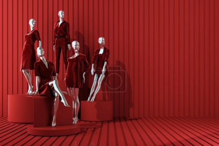 Photo for Statue of model mannequin in showcasing fashion formal clothes in abstract concept. isolate on multi color red background. promotion discount sale with geometric shape product stand. 3d rendering - Royalty Free Image
