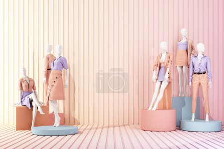 Photo for Statue of model mannequin in showcasing fashion formal clothes in abstract concept. isolate on multi color pastel background. promotion discount sale with geometric shape product stand. 3d rendering - Royalty Free Image