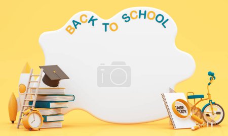 Photo for Write board with books and accessory on yellow background. degree achievements education and Free space for announcing the opening of the study. Back to school concept 3D Rendering, 3D Illustration - Royalty Free Image