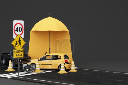 Foto de Protección del coche y el concepto de garantía de seguridad, diseño de banner web de seguros de coche. pequeño hatchback automóvil amarillo bajo el paraguas amarillo aislado sobre fondo blanco. estilo de dibujos animados. renderizado 3d - Imagen libre de derechos