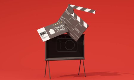 Téléchargez les photos : Durée du film Illustration en 3D. Concept d'affiche de cinéma sur fond de couleur. Composition avec popcorn, clapperboard, lunettes 3D et bande de film. Conception de bannière de cinéma pour cinéma. - en image libre de droit