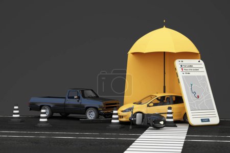 Foto de Protección del coche y el concepto de garantía de seguridad, diseño de banner web de seguros de coche. pequeño hatchback automóvil amarillo bajo el paraguas amarillo aislado sobre fondo blanco. estilo de dibujos animados. renderizado 3d - Imagen libre de derechos