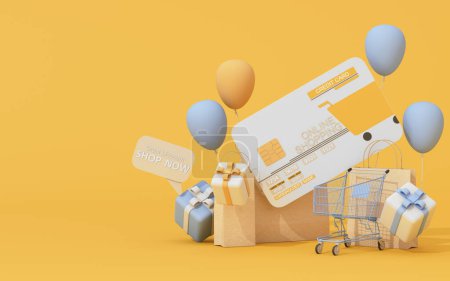 Photo for 3d render of shopping sale promotion banner online. Full shopping cart on podium with shopping bag and cart and credit card. Concept of great discount, suitable for black friday and anniversary. - Royalty Free Image