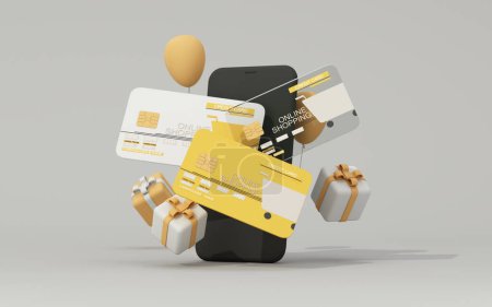 Photo for Credit card or cash card in the concept of online shopping and the future world of card spending. Without cash and shopping from home in the form of 3D cartoon renderings - Royalty Free Image