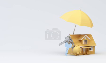 Téléchargez les photos : Conception d'image 3D, rendu, arrière-plan pour le concept de publicités d'assurance, maisons et bâtiments résidentiels avec parasols jaunes - en image libre de droit