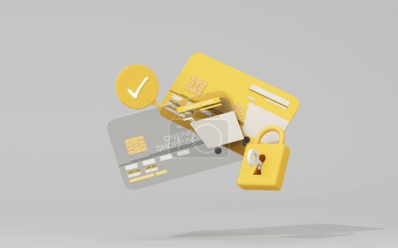 Photo for Credit card with Lock. Blocked money in a bank account. Protection for online payment. Keeping money safe. Locked bank card. Cartoon creative design icon isolated on gray background. 3D - Royalty Free Image