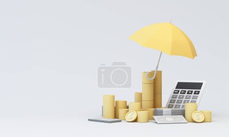 Foto de Diseño de imagen, representación 3d, fondo para el concepto utilizado en los anuncios de seguros. Liquidez financiera, inflación e impuestos con paraguas - Imagen libre de derechos