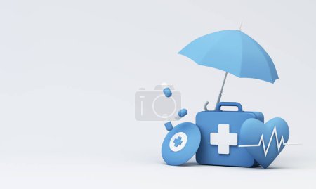 Téléchargez les photos : Conception d'image, rendu 3D, arrière-plan pour les concepts utilisés dans l'assurance, la santé et la publicité médicale. dans des tons bleus composés d'une boîte médicale et d'un parapluie - en image libre de droit