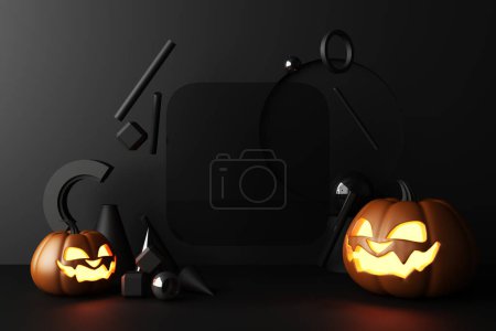 Photo for Happy halloween promotional banner for party invitation background with halloween pumpkins glowing in the dark ready to place the product Geometric shape on a dark black background. 3d rendering - Royalty Free Image