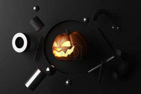 Foto de Feliz halloween banner promocional para fiesta invitación fondo con calabazas de halloween brillando en la oscuridad listo para colocar el producto forma geométrica sobre un fondo negro oscuro. renderizado 3d - Imagen libre de derechos