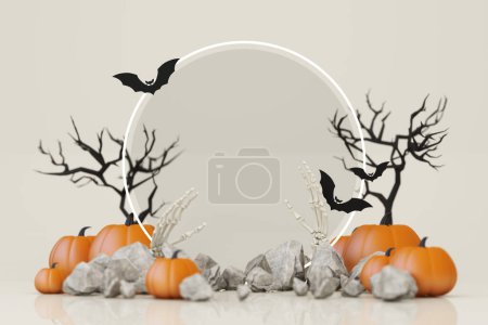 Photo for Happy Halloween banner or party invitation. orange theme product display podium on background with group of bat and Jack O Lantern pumpkin and hand skeleton with skull. 3d rendering illustration - Royalty Free Image
