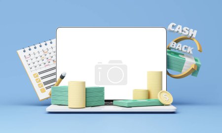 Photo for Laptop with blank display, digital technology wallet and credit card. Shopping mobile app, gold arrows and coins. Cashback and banking. Mock up empty screen copy space, blue background. 3D rendering - Royalty Free Image