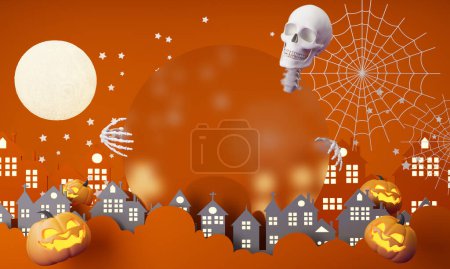 Photo for Happy Halloween banner or party invitation background with clouds, bats and glowing pumpkins and full moon surrounded by spider web and ghost cartoon style, treat or trick celebration. 3d render - Royalty Free Image