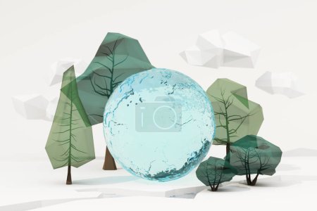 Téléchargez les photos : Globe de boule d'eau dans le concept de réchauffement climatique et de conservation de l'environnement Prolonger la vie de la planète Terre et économiser l'eau. entouré d'arbres, de bâtiments et de personnes. 3d rendu - en image libre de droit