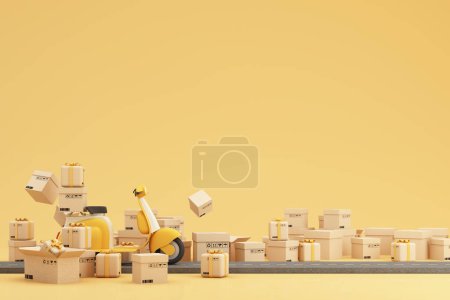 Foto de Concepto de compras en línea y entrega urgente por furgoneta y scooter Rodeado de cajas de cartón y paquetes de productos para el transporte. sobre un fondo amarillo, estilo de dibujos animados. renderizado 3d - Imagen libre de derechos