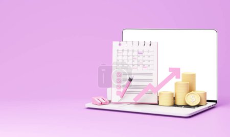 Photo for Laptop with blank display, digital technology wallet and credit card. Shopping mobile app, money and coins. Cashback and banking. Mock up empty screen copy space, purple background. 3D rendering - Royalty Free Image