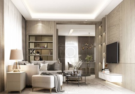 Photo for Interior design modern luxury style Decorated with marble and wood materials in an expensive style. Living area in front of the show house Decorated with props and home decorations. 3d rendering - Royalty Free Image
