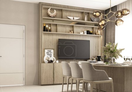 Photo for Interior design modern luxury style Decorated with marble and wood materials in an expensive style. dining area in front of the show house Decorated with props and home decorations. 3d rendering - Royalty Free Image