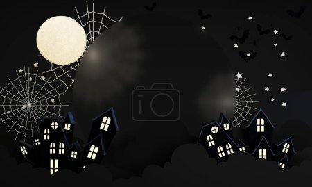 Photo for Dark Halloween background with spooky house, tree, cute ghost,  pumpkin, bat at night. Happy Halloween banner. with night sky and full moon. 3d rendering cartoon style on black background - Royalty Free Image