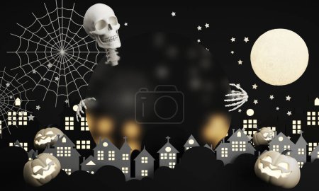 Photo for Dark Halloween background with spooky house, tree, cute ghost,  pumpkin, bat at night. Happy Halloween banner. with night sky and full moon. 3d rendering cartoon style on black background - Royalty Free Image