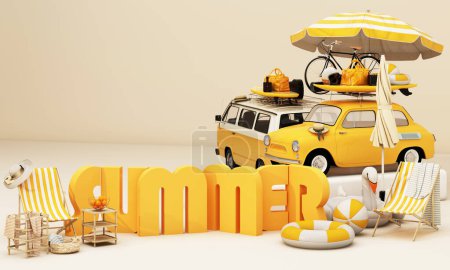 Téléchargez les photos : Petite voiture rétro avec bagages, bagages et équipement de plage sur le toit, prête pour les vacances d'été, concept de dessin animé d'un road trip, avec chaise et parasol sur fond jaune, illustration en 3D - en image libre de droit