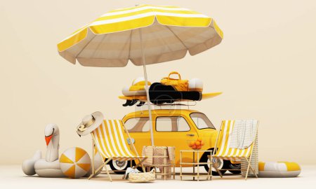 Foto de Pequeño coche retro con equipaje, equipaje y equipo de playa en el techo, listo para las vacaciones de verano, concepto de dibujos animados de un viaje por carretera, con silla y paraguas sobre fondo amarillo, ilustración de renderizado 3d - Imagen libre de derechos