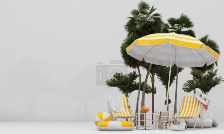 Foto de 3d render. ilustración de una isla tropical. Dos tumbonas bajo el paraguas en una hermosa playa. Concepto de viaje y vacaciones. con fuente de verano y espacio para la publicidad - Imagen libre de derechos