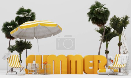 Foto de 3d render. ilustración de una isla tropical. Dos tumbonas bajo el paraguas en una hermosa playa. Concepto de viaje y vacaciones. con fuente de verano y espacio para la publicidad - Imagen libre de derechos