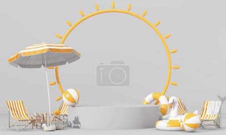 Foto de Concepto de viaje de verano, coche vintage con equipo de picnic en la playa, pelota de playa y flamenco, con soporte de producto de podio. 3d renderizar estilo de dibujos animados - Imagen libre de derechos