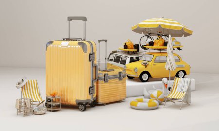 Téléchargez les photos : Voyage et tourisme de vacances concept. Activités de voyage en famille avec une grande valise Avec une voiture ou un van prêt à faire un road trip dans des couleurs pastel style dessin animé. Rendu 3d - en image libre de droit