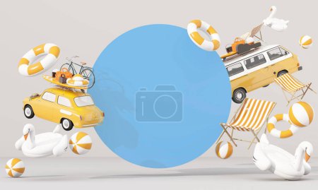 Foto de Concepto de viaje de verano, coche vintage con equipo de picnic en la playa, pelota de playa y flamenco, composición divertida. flotando en tonos amarillos sobre fondo blanco. 3d renderizar estilo de dibujos animados - Imagen libre de derechos