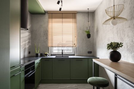 Spacious and modern kitchen with green cupboards and drawers, black oven, kitchen hood and countertops and window with wooden blinds