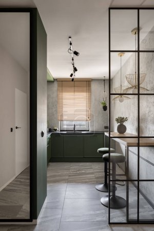 Contemporary designed kitchen with stylish green furniture and modern reinforced glass wall