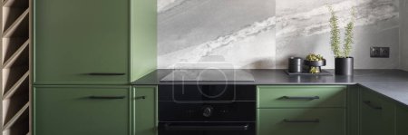 Foto de Panorama de interior de cocina de diseño moderno con muebles verdes, encimera negra y horno - Imagen libre de derechos