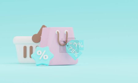 3d render Shopping basket with percent symbol on blue background. shopping bag, discount sale, promotion in social media.Shopping bag for buy, consumer. buyer.