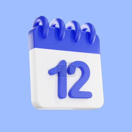 Téléchargez les photos : Icône de calendrier de rendu 3d avec un jour de 12. Couleur bleue et blanche. Icône du plan de calendrier quotidien avec un numéro. le concept d'un rappel de temps opportun. - en image libre de droit