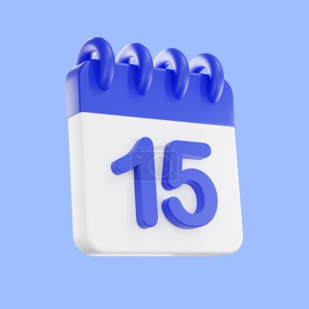 Téléchargez les photos : Icône de calendrier de rendu 3d avec un jour de 15. Couleur bleue et blanche. Icône du plan de calendrier quotidien avec un numéro. le concept d'un rappel de temps opportun. - en image libre de droit