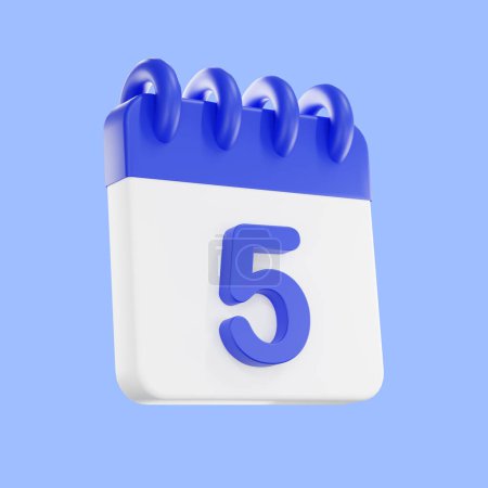 Téléchargez les photos : Icône de calendrier de rendu 3d avec un jour de 5. Couleur bleue et blanche. Icône du plan de calendrier quotidien avec un numéro. le concept d'un rappel de temps opportun. - en image libre de droit