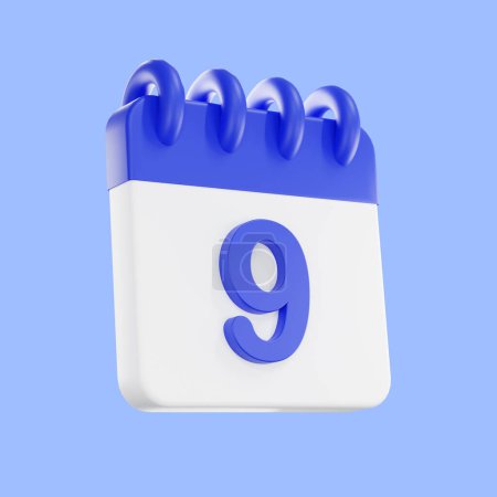 Téléchargez les photos : Icône de calendrier de rendu 3d avec un jour de 9. Couleur bleue et blanche. Icône du plan de calendrier quotidien avec un numéro. le concept d'un rappel de temps opportun. - en image libre de droit