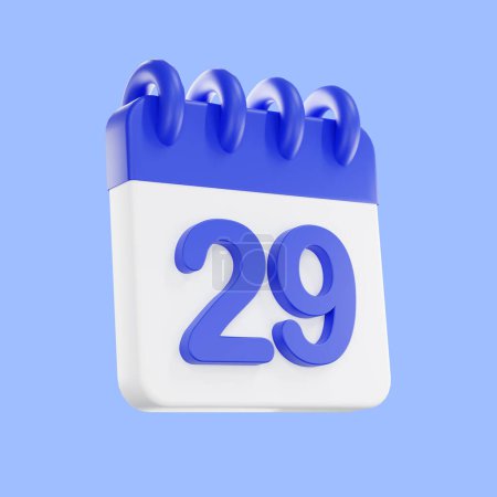 Téléchargez les photos : Icône de calendrier de rendu 3d avec un jour de 29. Couleur bleue et blanche. Icône du plan de calendrier quotidien avec un numéro. le concept d'un rappel de temps opportun. - en image libre de droit