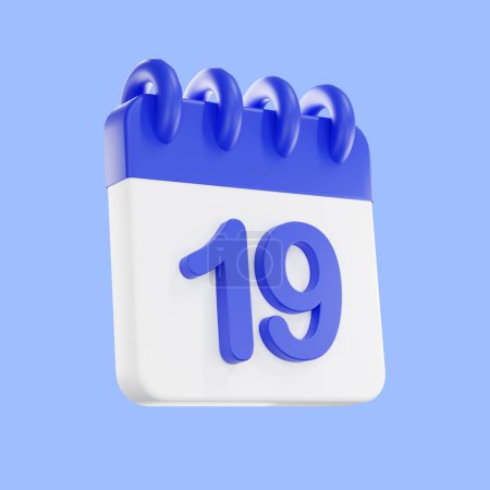 Téléchargez les photos : Icône de calendrier de rendu 3d avec un jour de 19. Couleur bleue et blanche. Icône du plan de calendrier quotidien avec un numéro. le concept d'un rappel de temps opportun. - en image libre de droit