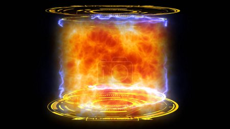 Téléchargez les photos : Simulation de moteur de fusion nucléaire de collision atomique à la puissance de masse de libération puissante dans le laboratoire bleu numérique sur le noir isolé - en image libre de droit