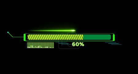 Animación de barras de progreso con disparo láser en la llamada y la barra de carga dentro de tono de relleno amarillo verde con texto numérico y 60 por ciento y movimiento del gráfico de barras en la pantalla negra
