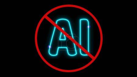 La IA en neón azul se tachó con un círculo rojo y una barra, indicando prohibición o advertencia contra la IA. concepto anti ai