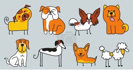 Foto de Patrón de ilustración de muchos perros diferentes. Ilustración vectorial, Danés, perro pastor, beagle, bessenger, bichon, corgi galés. - Imagen libre de derechos