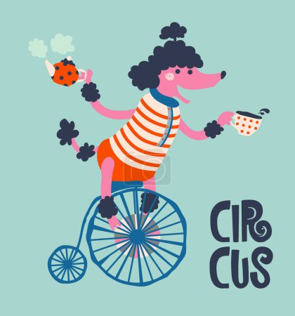 Téléchargez les illustrations : Illustration un café où un caniche de cirque comme barman fait du vélo dans une bouilloire et une tasse de thé ou de café - en licence libre de droit