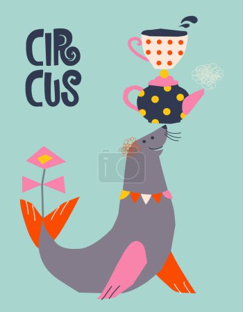 Téléchargez les illustrations : Affiche d'illustration pour un café où un sceau de cirque équilibre bouilloires et tasse - en licence libre de droit