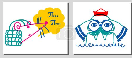 Foto de Ilustración vectorial garabato ilustración sello marinero mirando a través de binoculares. científico del ratón dice número pi - Imagen libre de derechos
