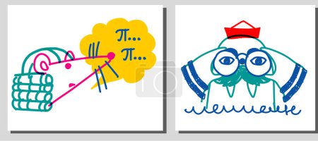 Illustration for Vector illustration doodle illustration seal sailor looking through binoculars. mouse scientist says number pi - Royalty Free Image